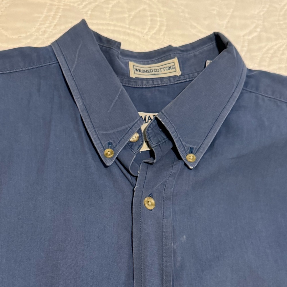Madison Trader Washed Cottons XL short sleeve cotton button down navy blue shirt